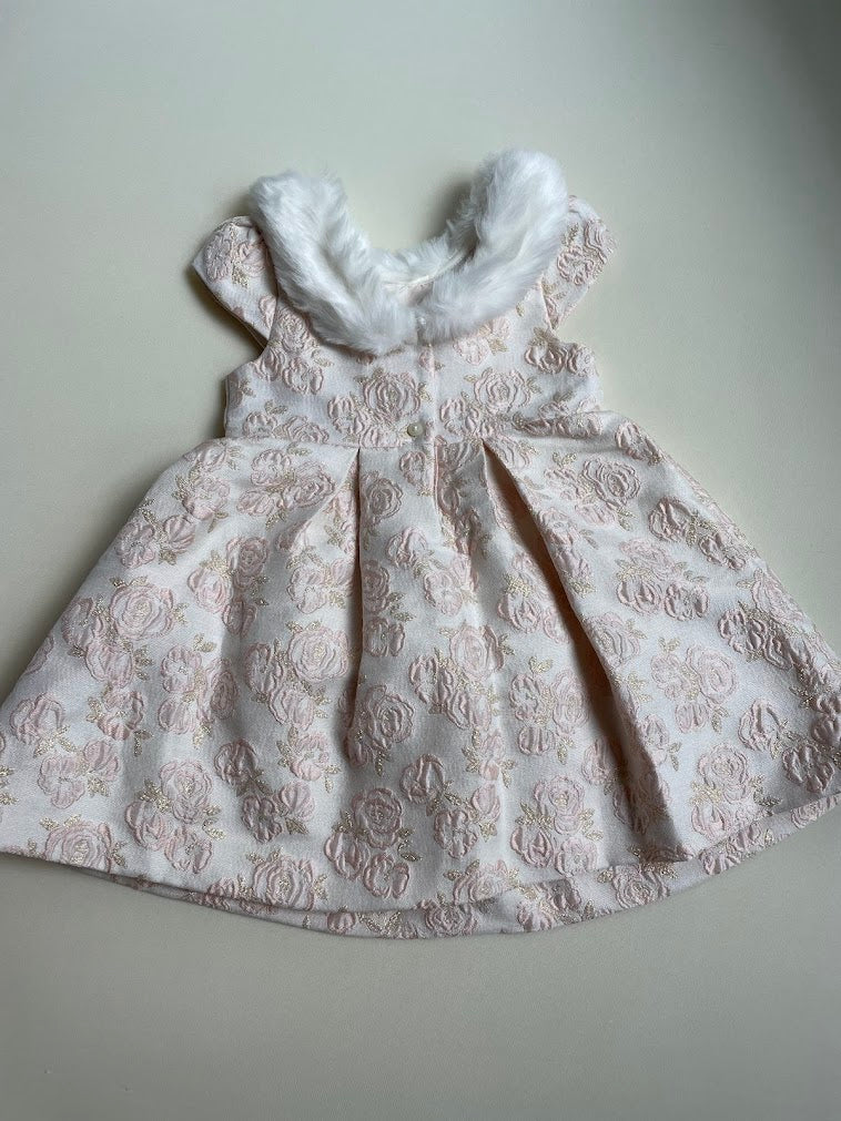 Faux fur trimmed sateen dress