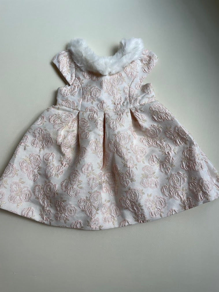 Faux fur trimmed sateen dress